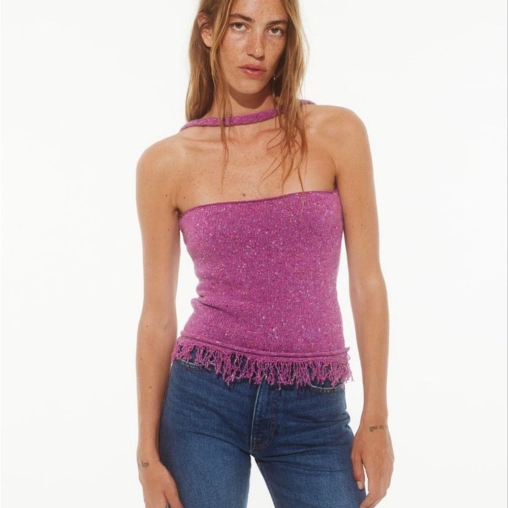 Gimaguas Sparkly Pink Strapless Fringe Camisole